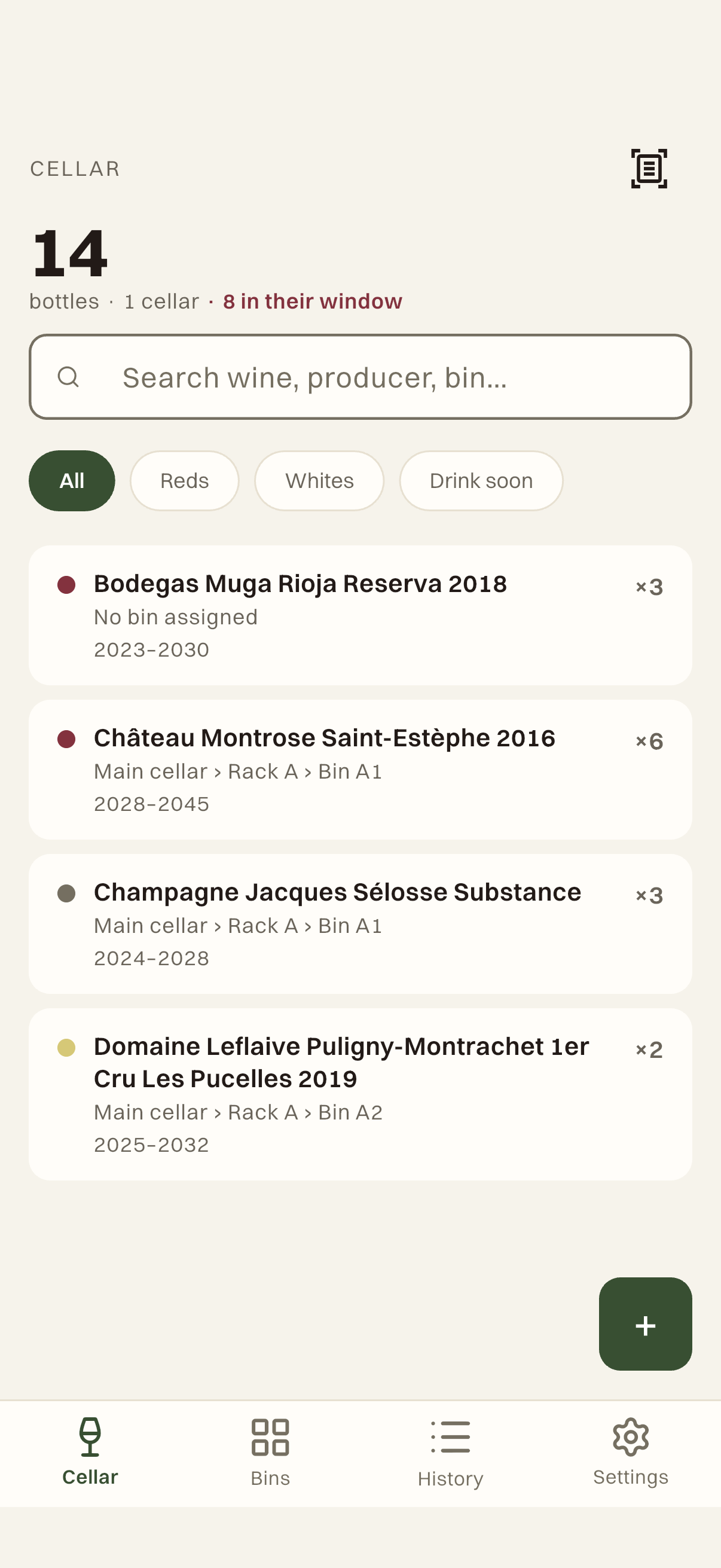 Everycork cellar showing fourteen bottles, search and wine filters